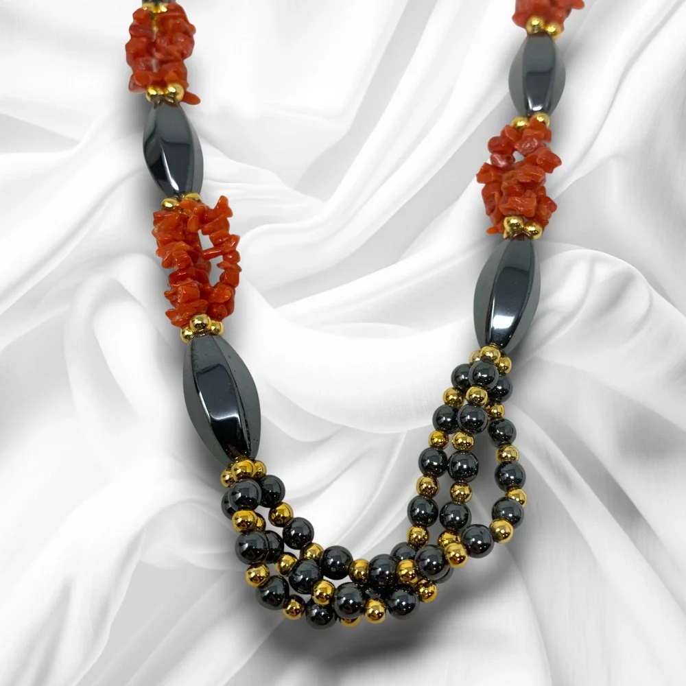 Vintage Y2K Hematite Red Coral Beaded Necklace Art Deco Nouveau Style Modernist